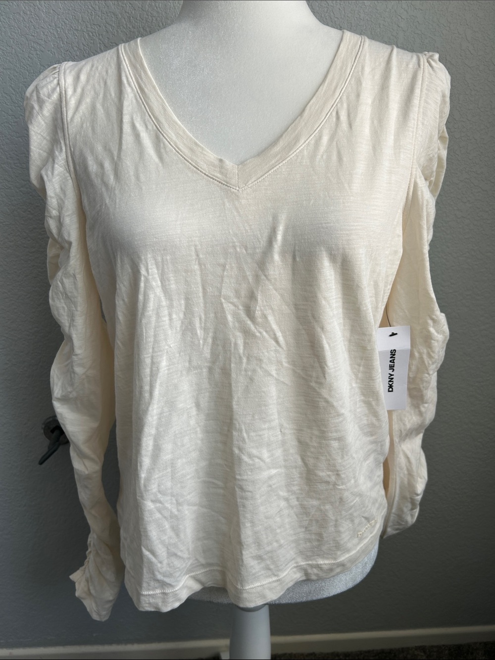 DKNY Cream V-Neck Long Sleeve Top